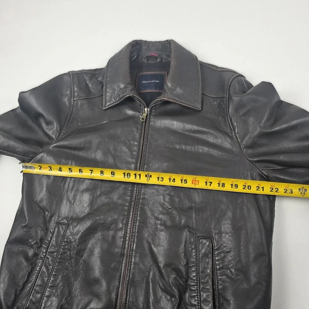 Tommy Hilfiger Jacket Mens Medium Brown Leather Bomber Plaid Lined Full Zip